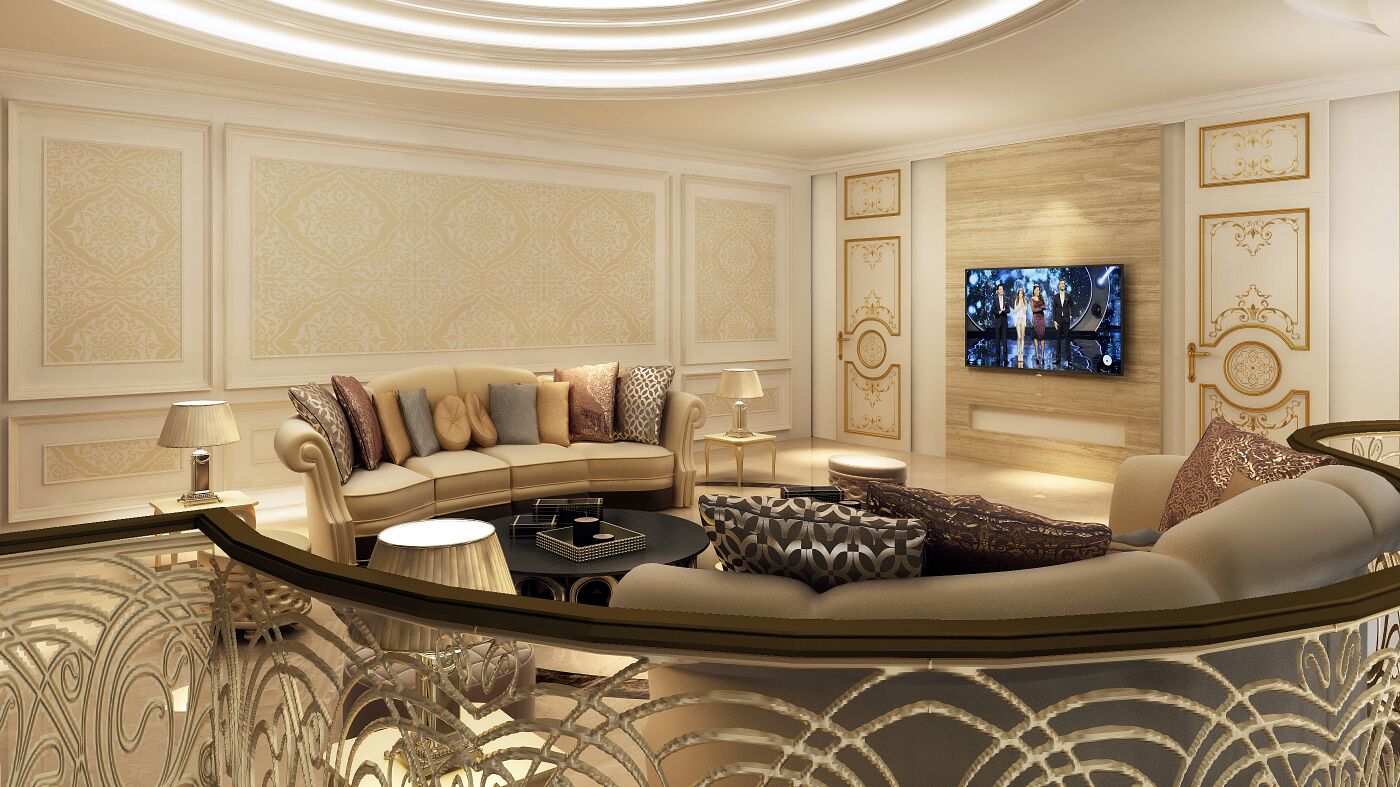 Upper-level family lounge & media wall — villa interior design project in Sharjah, UAE by Ab & Zen Interior