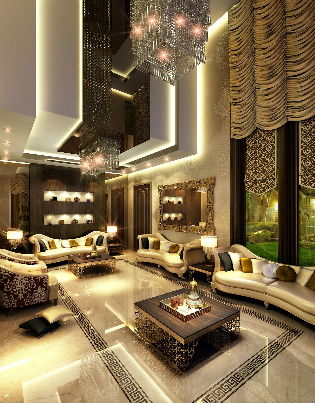 Double-height formal majlis & crystal chandeliers — grand villa interior design project in Dubai, UAE by Ab & Zen Interior