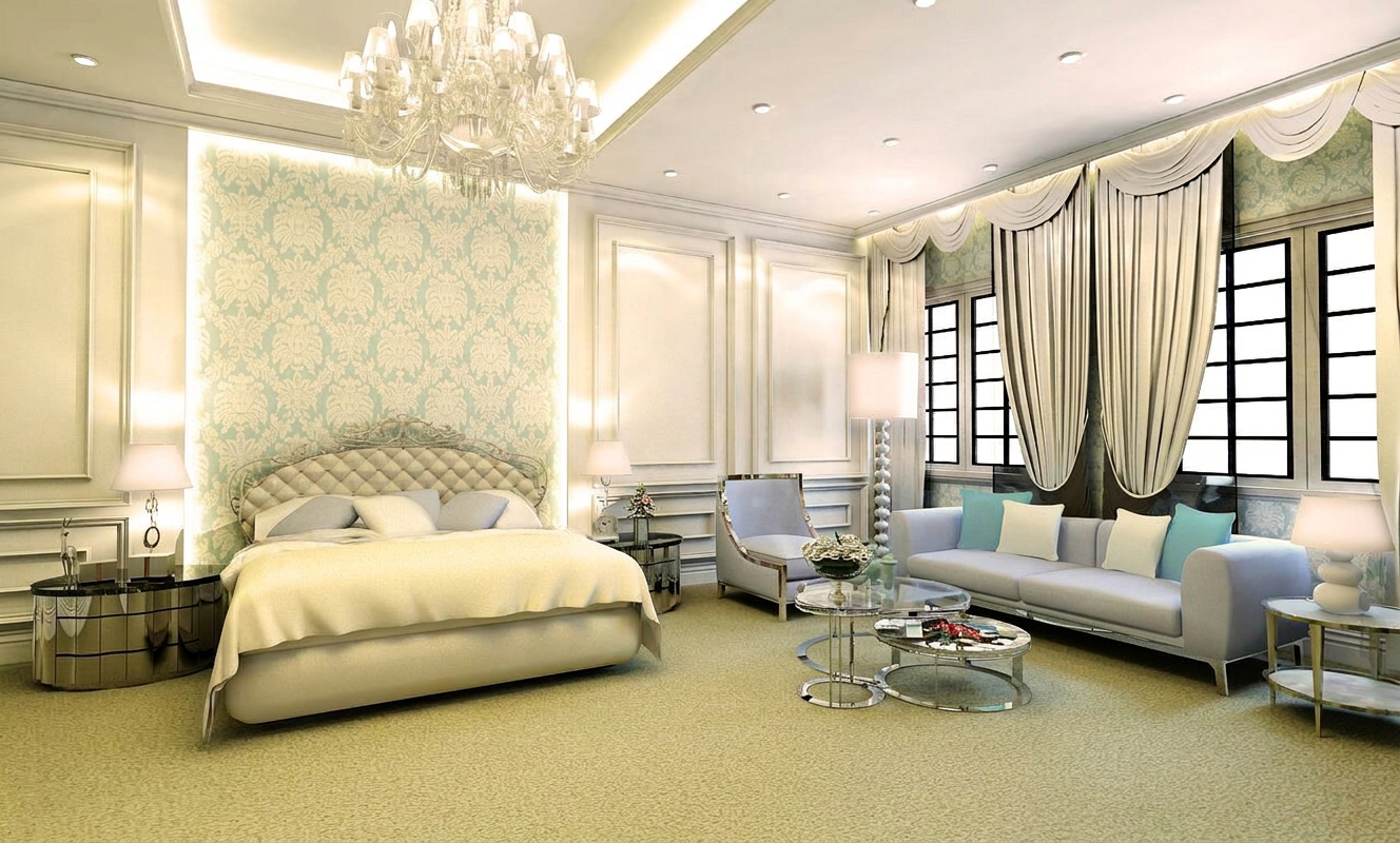 Guest bedroom & damask feature wall — villa interior design project in Sharjah, UAE by Ab & Zen Interior