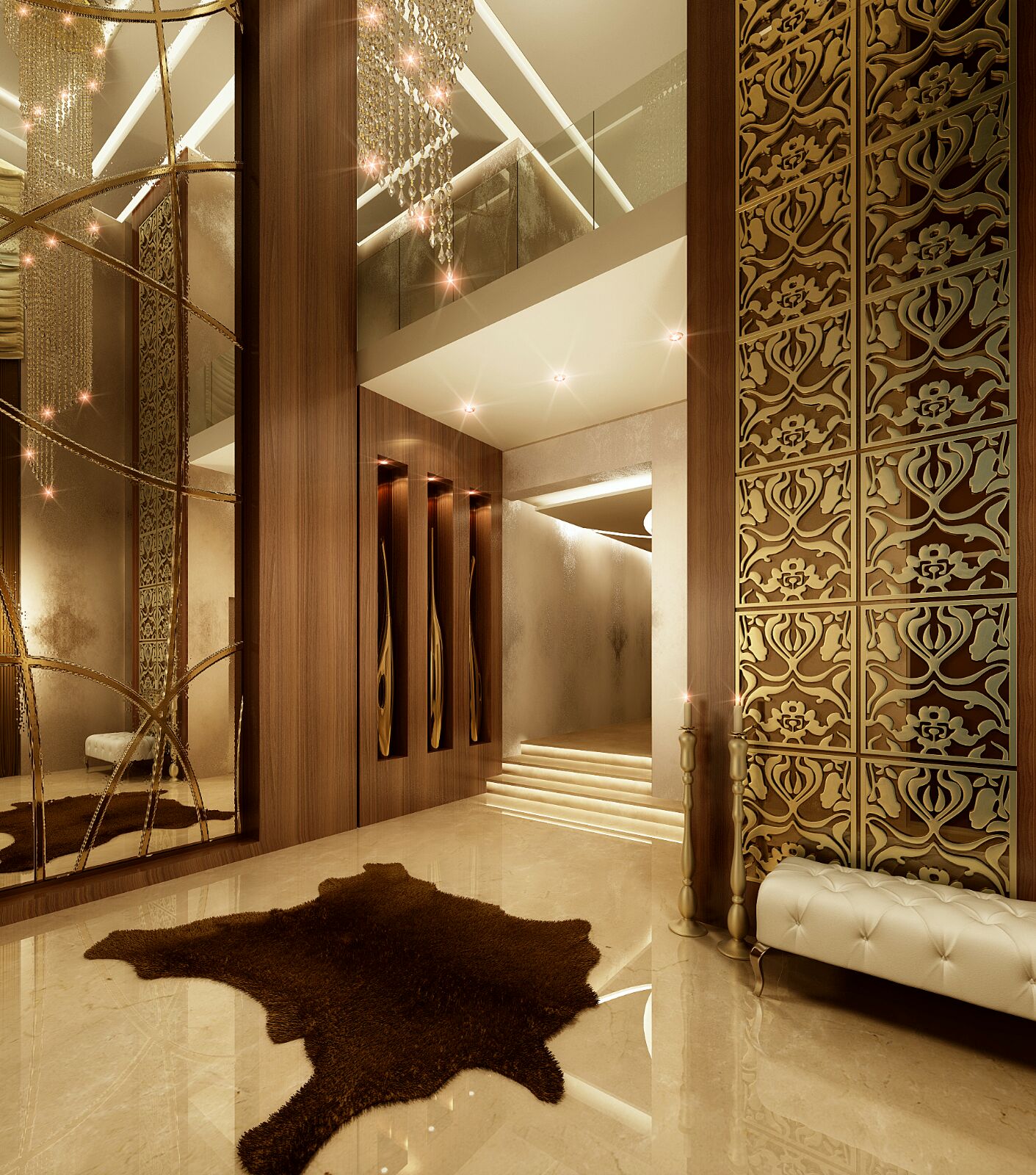 Entrance foyer & laser-cut brass screen — grand villa interior design project in Dubai, UAE by Ab & Zen Interior