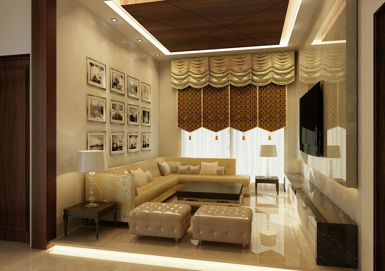 Second lounge & walnut ceiling detail — luxury villa interior design project in Abu Dhabi, UAE by Ab & Zen Interior