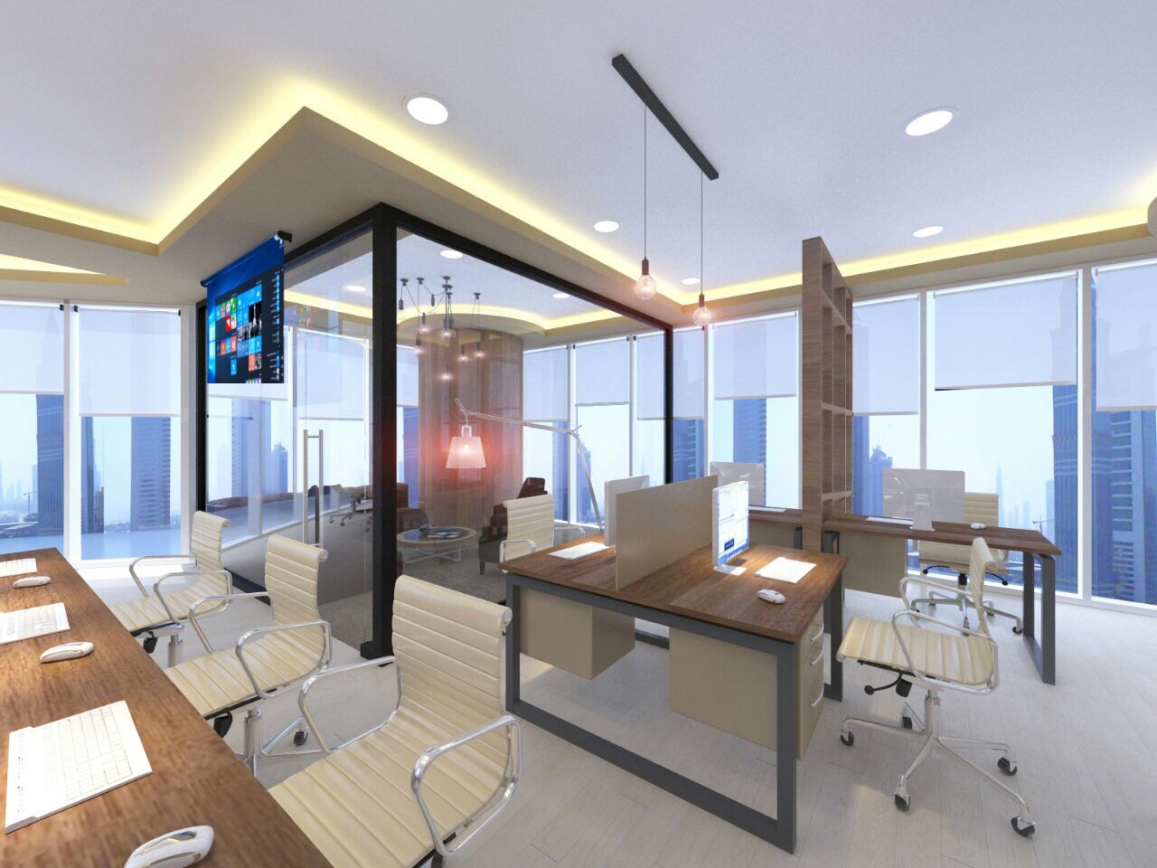 Open workstations & glazed meeting pod — office interior design project in Doha, Qatar by Ab & Zen Interior