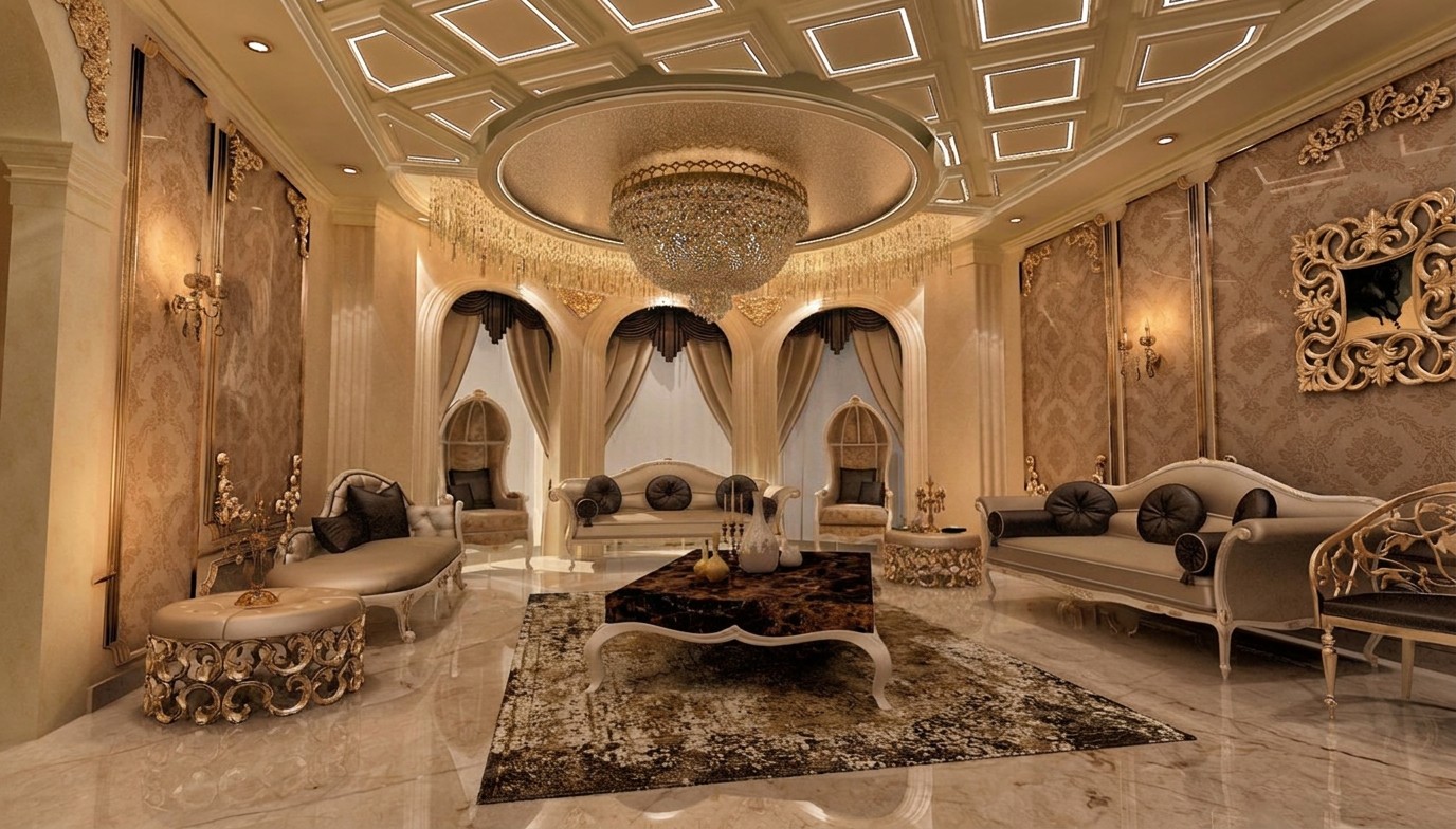 Formal majlis & crystal ceiling feature — complete residential redesign project in Bahrain by Ab & Zen Interior
