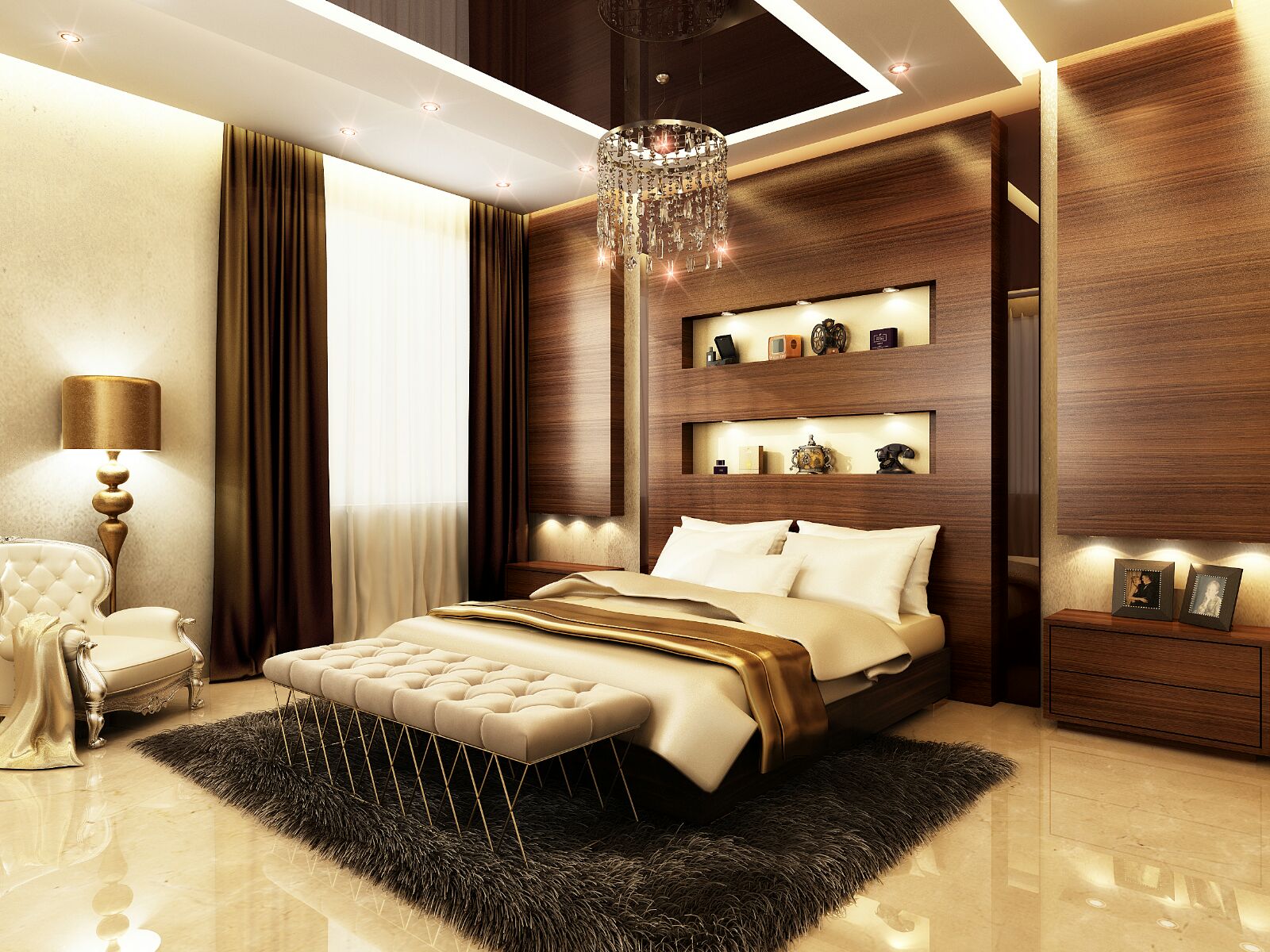 Master bedroom & walnut headboard wall — grand villa interior design project in Dubai, UAE by Ab & Zen Interior