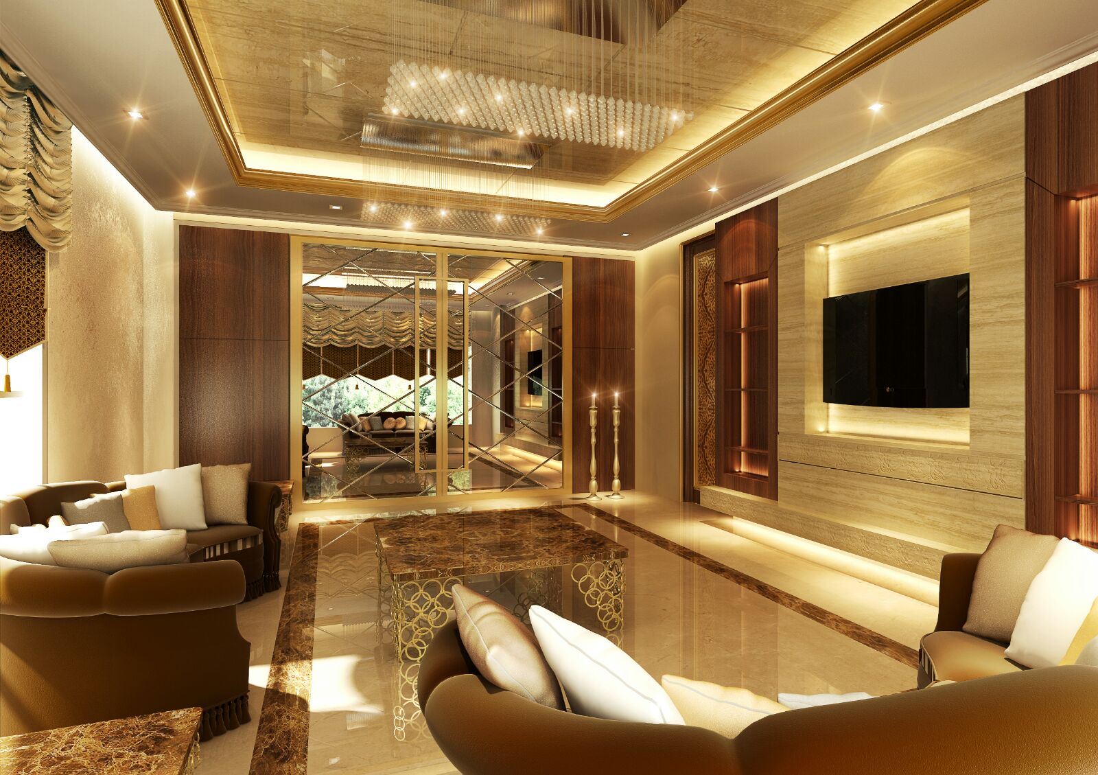 Family living room & travertine media wall — luxury villa interior design project in Abu Dhabi, UAE by Ab & Zen Interior