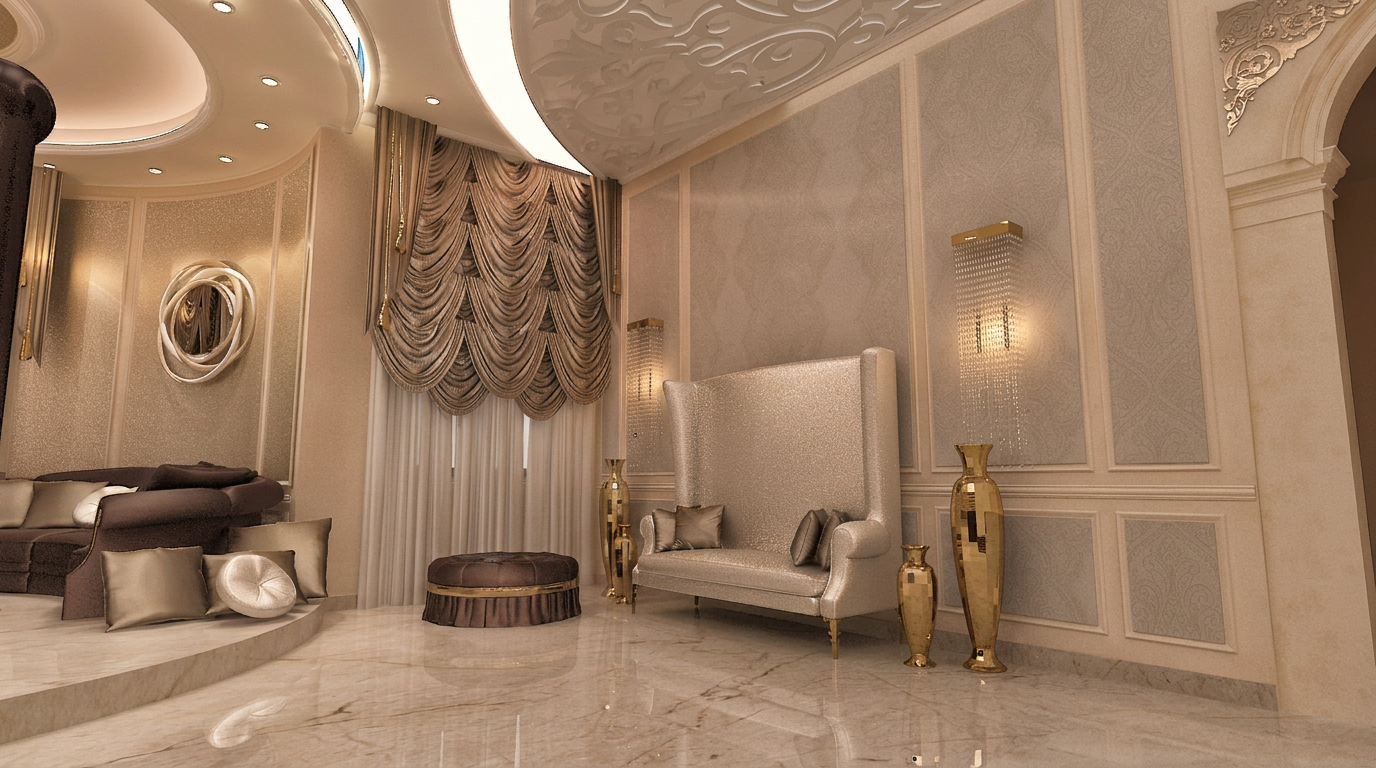 Majlis seating & drapery — luxury villa interior design project in Riyadh, Saudi Arabia by Ab & Zen Interior