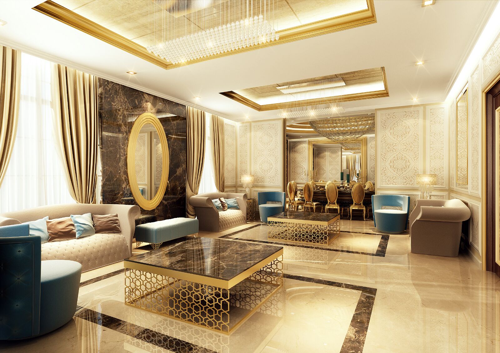 Formal majlis & gold-leaf coffered ceiling — villa interior design project in Sharjah, UAE by Ab & Zen Interior