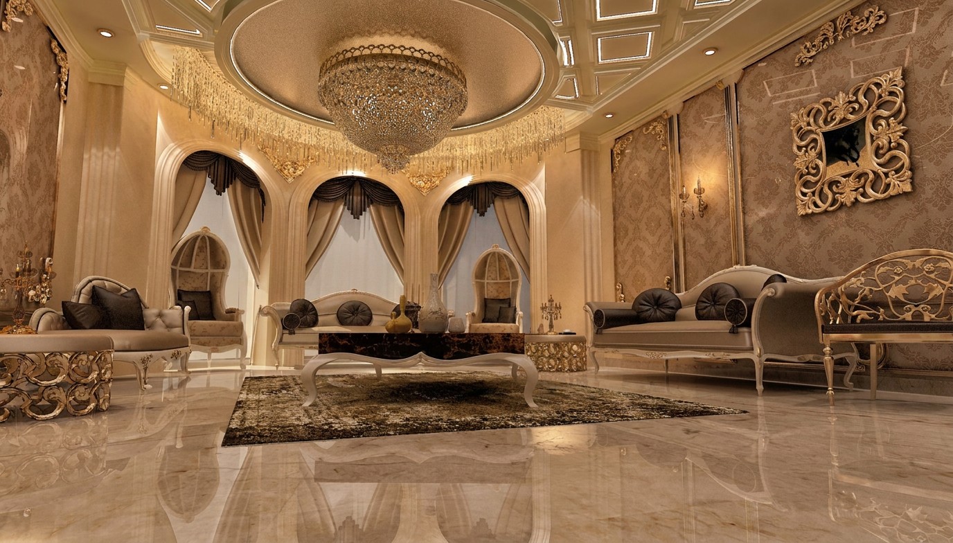 Reception seating & arched windows — complete residential redesign project in Bahrain by Ab & Zen Interior