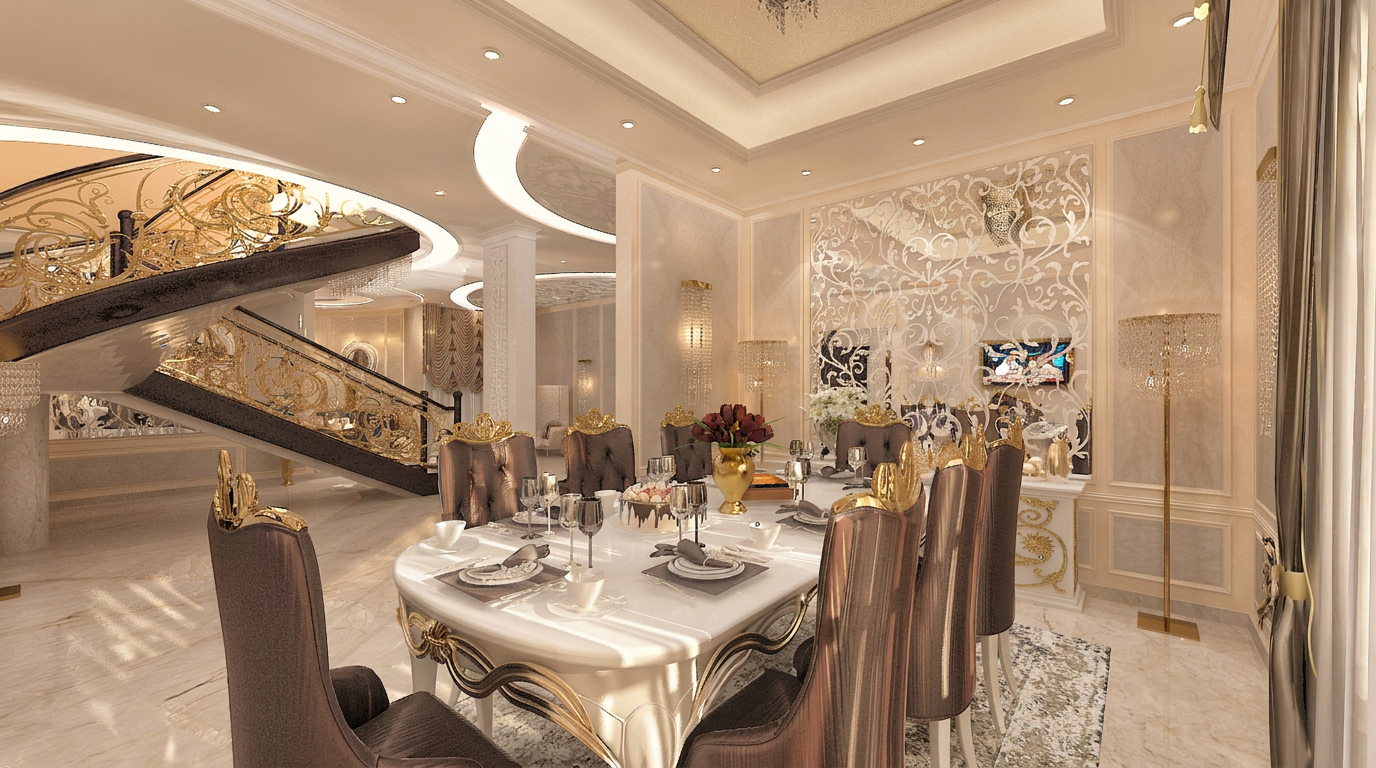 Formal dining room — luxury villa interior design project in Riyadh, Saudi Arabia by Ab & Zen Interior