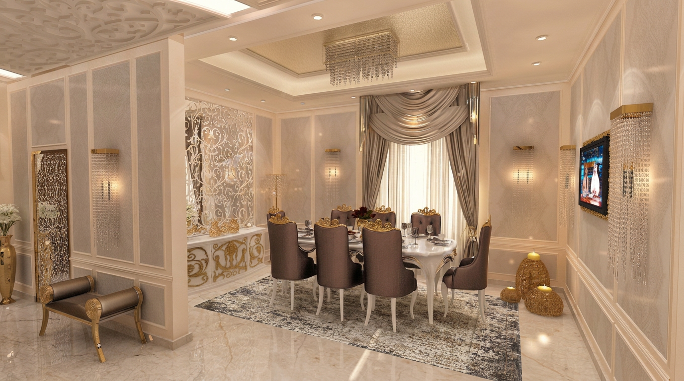 Family dining area — luxury villa interior design project in Riyadh, Saudi Arabia by Ab & Zen Interior