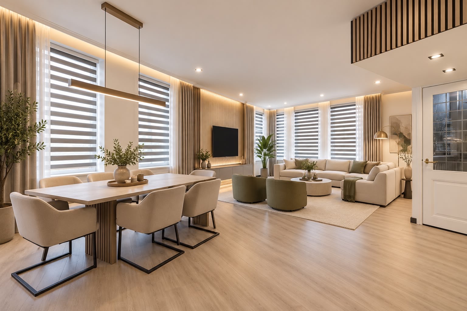 Open-plan living and dining room — contemporary residential project in Tilburg, Netherlands by Abzen Interior