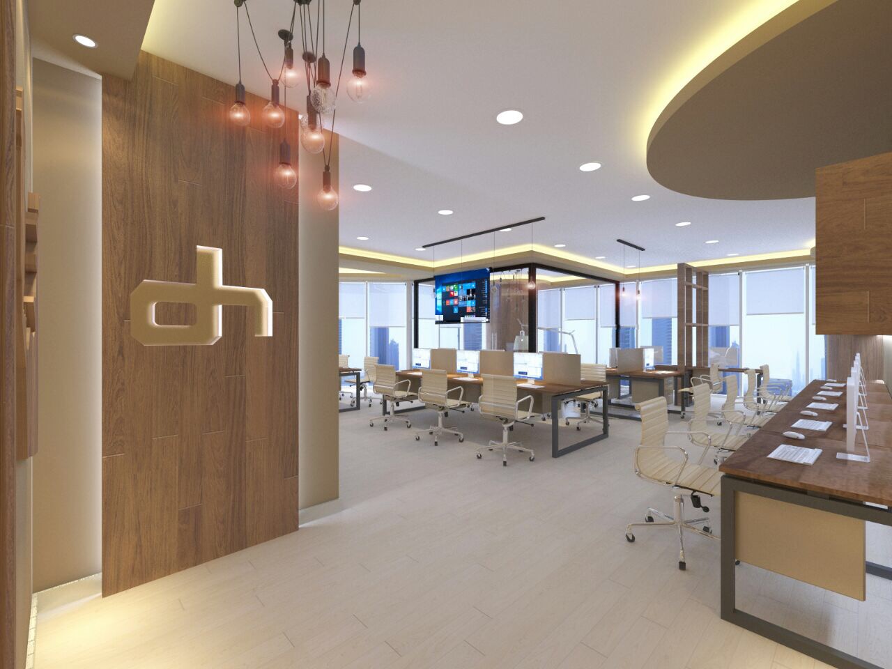 Branded timber entrance wall & work floor — office interior design project in Doha, Qatar by Ab & Zen Interior