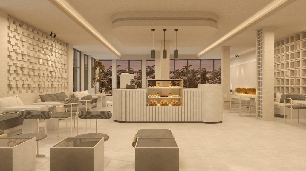 Pastry display & feature textured wall — coffee shop and restaurant interior design project at The Dubai Mall by Ab & Zen Interior