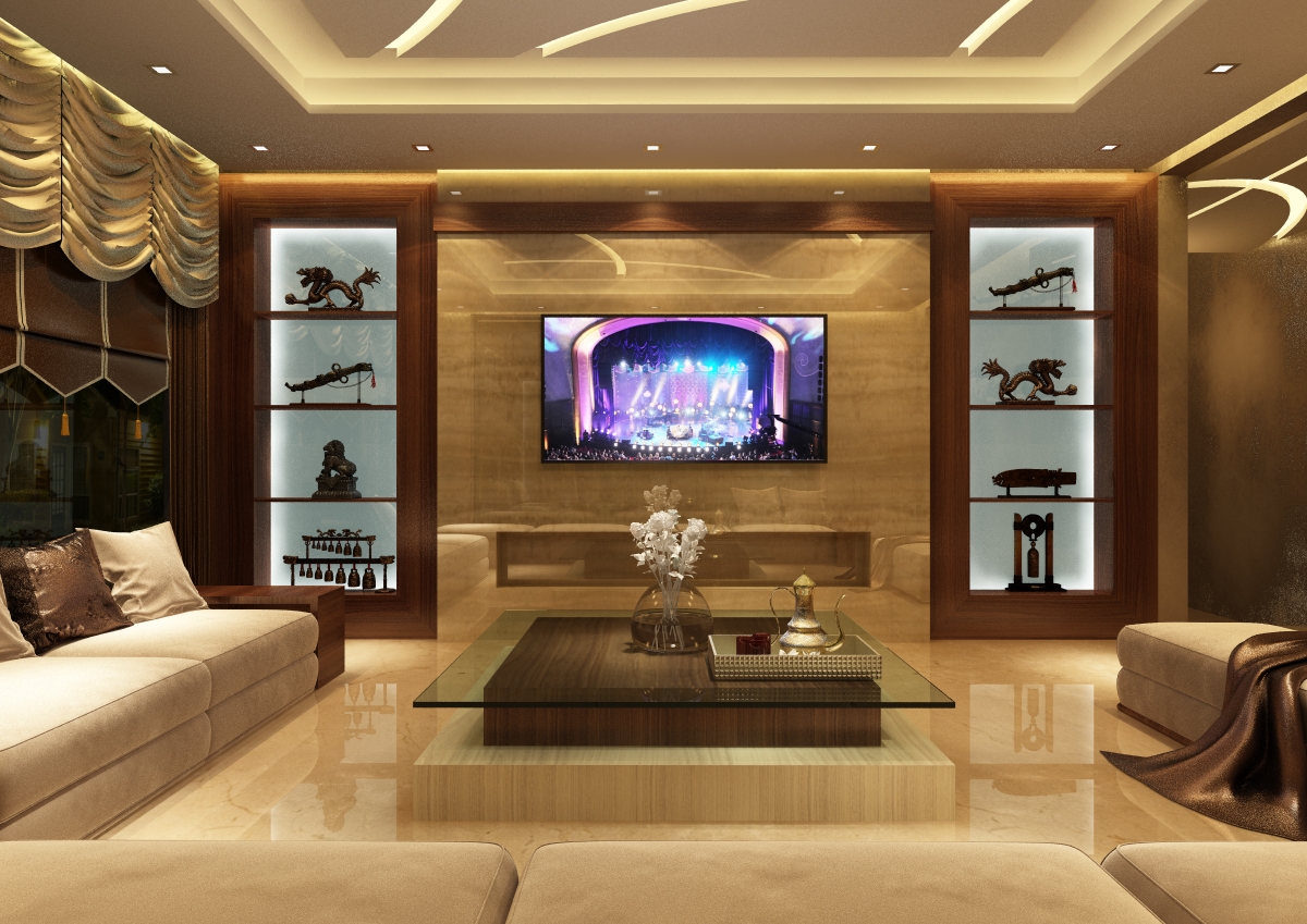 Family lounge & backlit display niches — grand villa interior design project in Dubai, UAE by Ab & Zen Interior