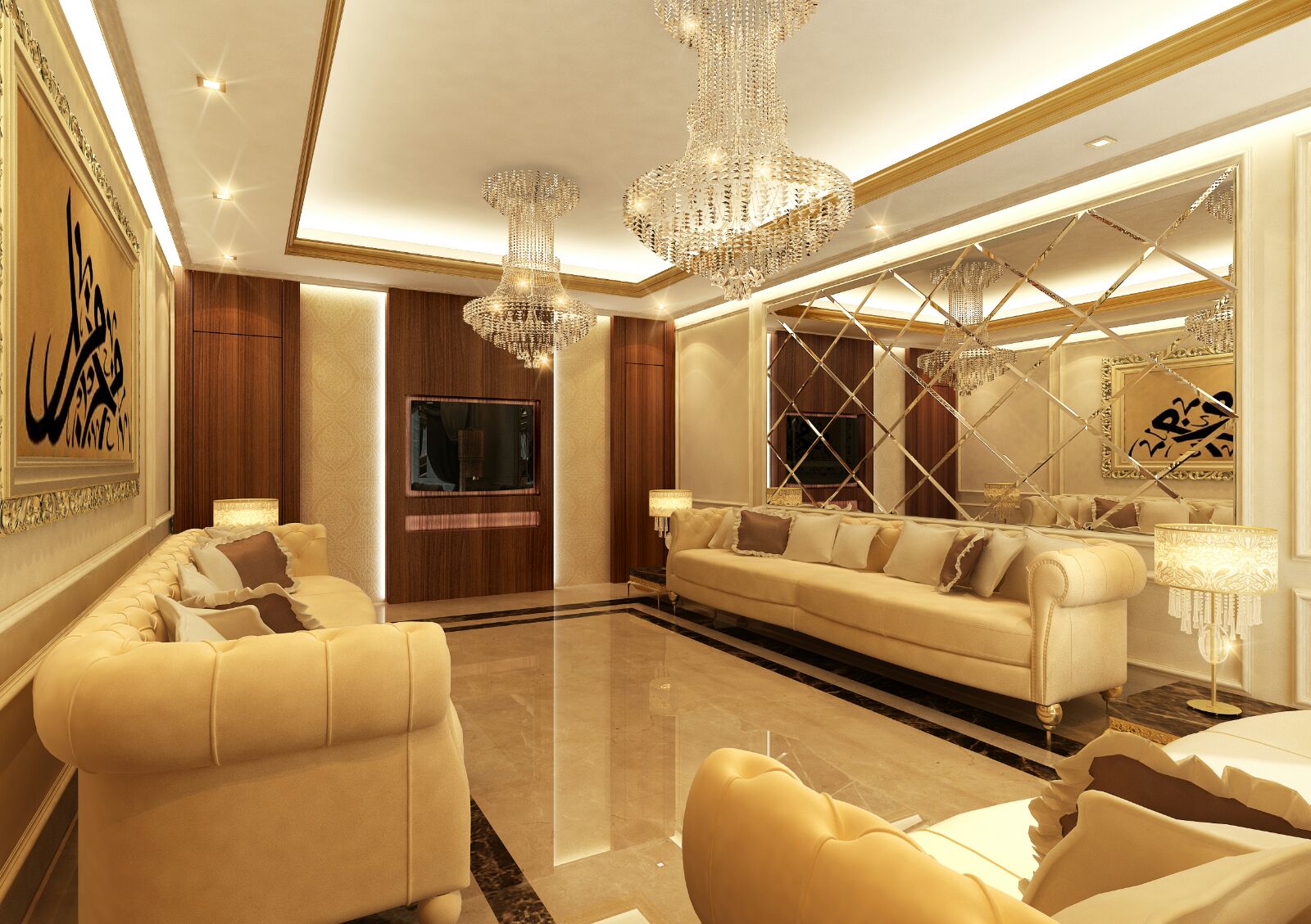 Main majlis & crystal chandeliers — luxury villa interior design project in Abu Dhabi, UAE by Ab & Zen Interior