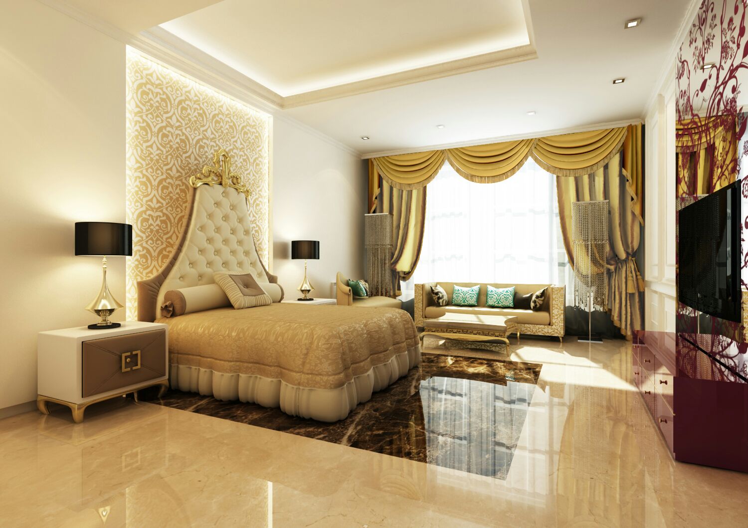 Master bedroom & upholstered feature headboard — luxury villa interior design project in Abu Dhabi, UAE by Ab & Zen Interior