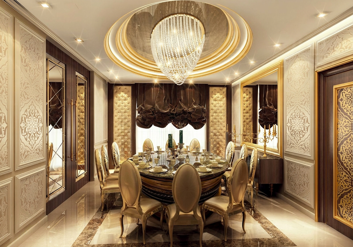 Formal dining room & cascading crystal chandelier — villa interior design project in Sharjah, UAE by Ab & Zen Interior