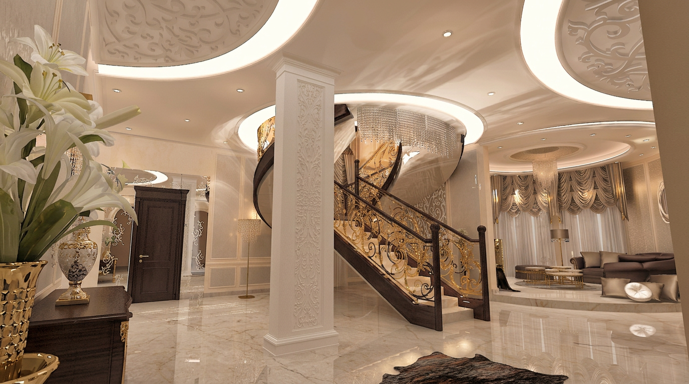 Grand entrance & staircase lobby — luxury villa interior design project in Riyadh, Saudi Arabia by Ab & Zen Interior