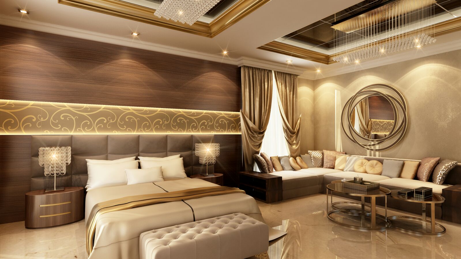 Master bedroom suite & walnut feature wall — villa interior design project in Sharjah, UAE by Ab & Zen Interior