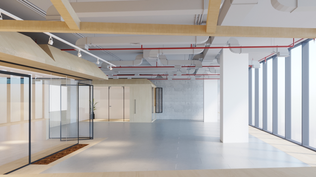 Exposed services ceiling & timber-clad meeting pod — industrial-style office interior design by Ab & Zen Interior