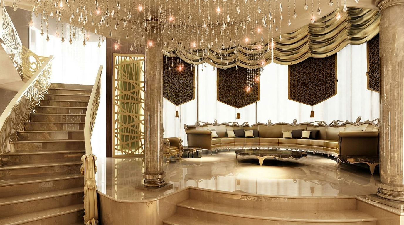 Double-height seating lounge & crystal canopy — villa interior design project in Sharjah, UAE by Ab & Zen Interior