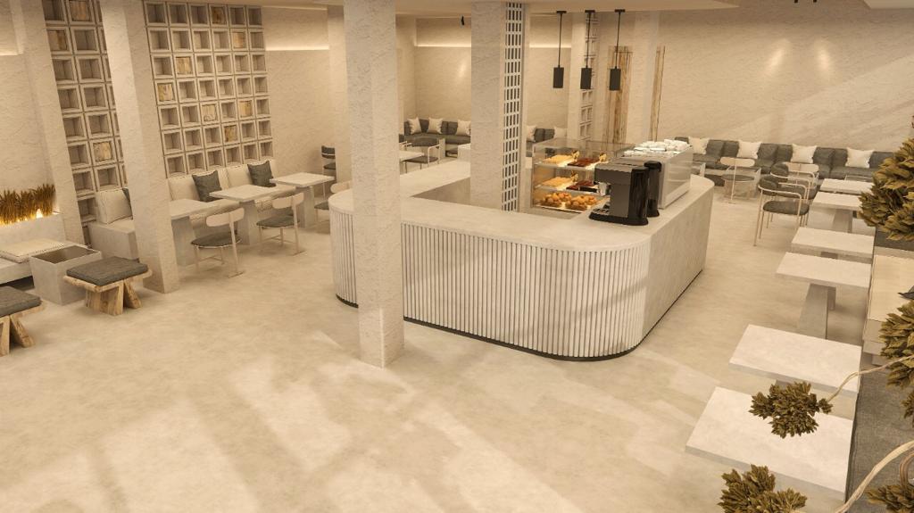 Service island & banquette seating layout — coffee shop and restaurant interior design project at The Dubai Mall by Ab & Zen Interior