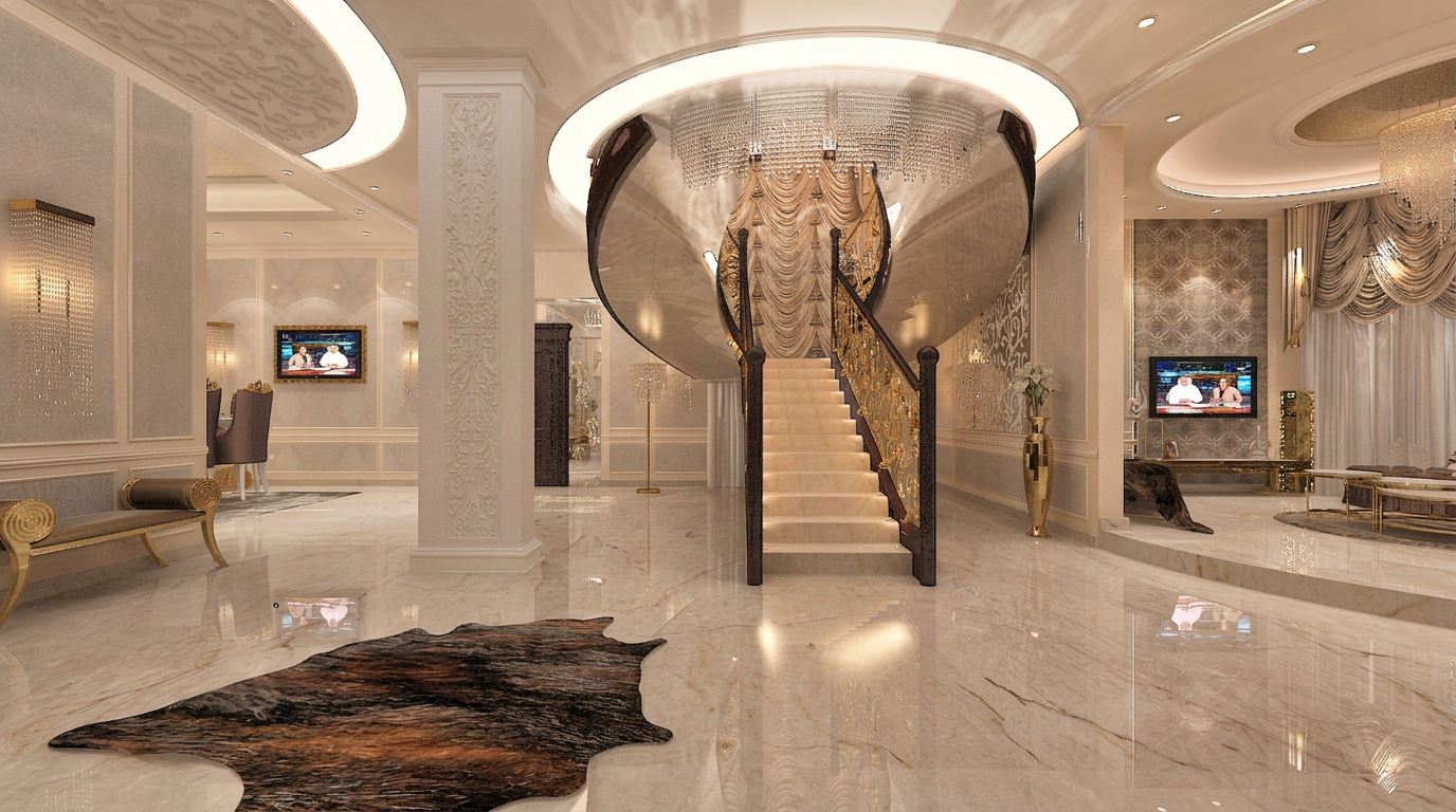 Main hall & marble flooring — luxury villa interior design project in Riyadh, Saudi Arabia by Ab & Zen Interior