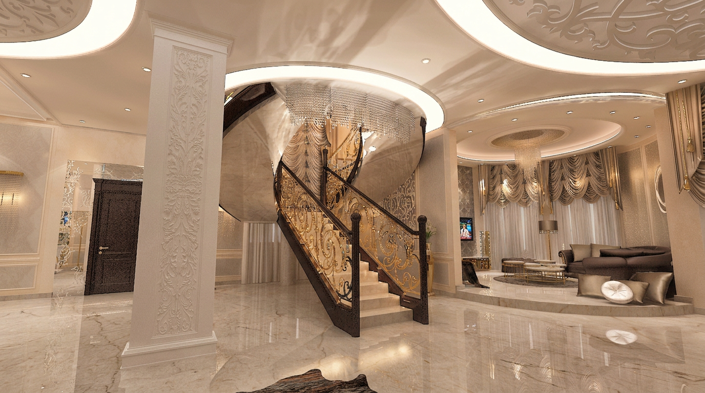 Double-height lobby & gold balustrade — luxury villa interior design project in Riyadh, Saudi Arabia by Ab & Zen Interior