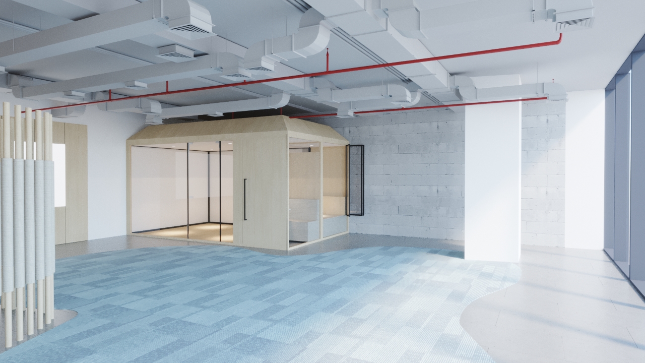 Open floor plate, timber fins & collaboration zone — industrial-style office interior design by Ab & Zen Interior
