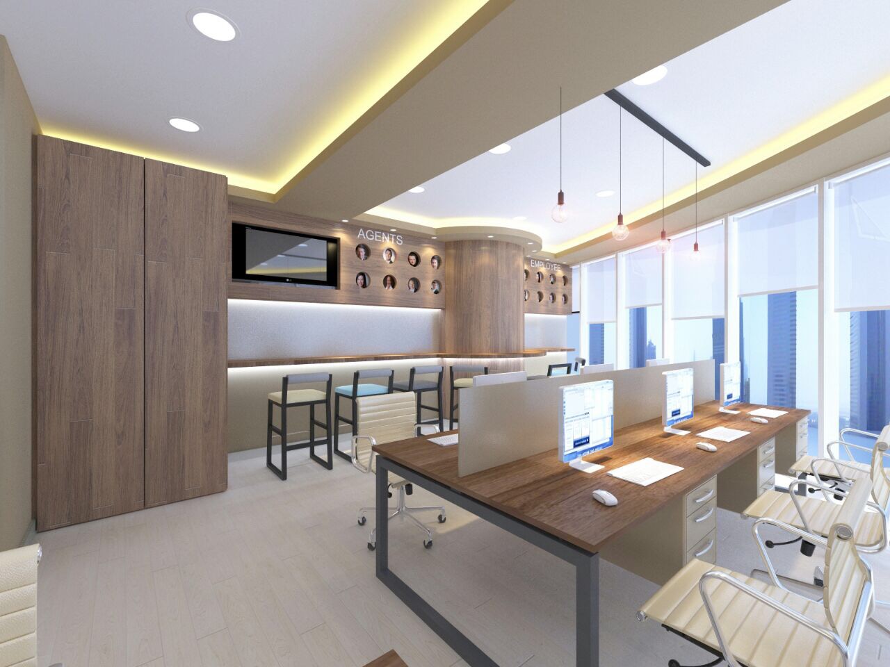 Agents wall, breakout counter & team desks — office interior design project in Doha, Qatar by Ab & Zen Interior