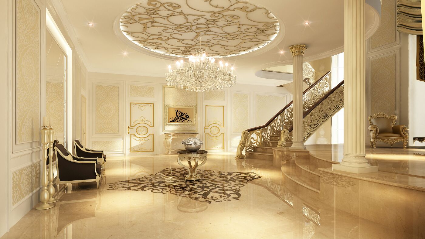 Entrance foyer & sculpted staircase — villa interior design project in Sharjah, UAE by Ab & Zen Interior