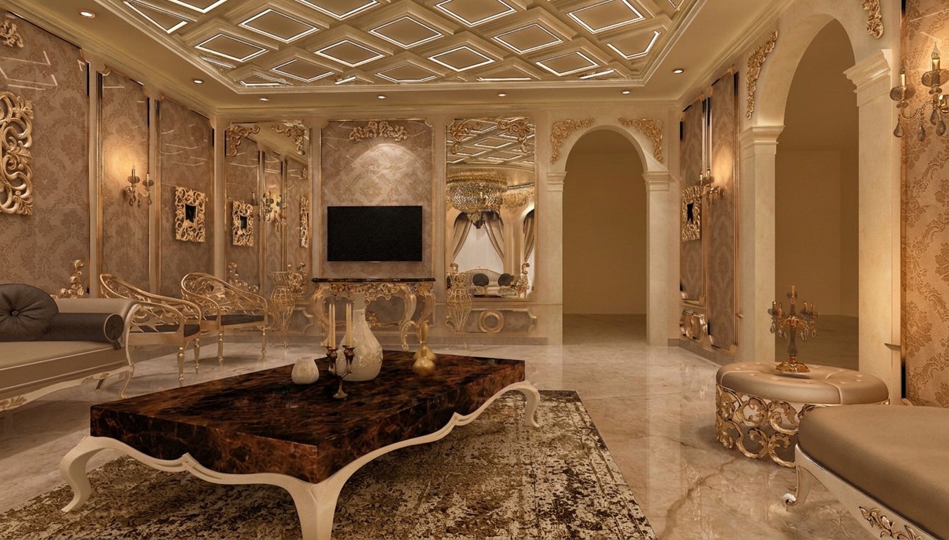 Family living room & media wall — complete residential redesign project in Bahrain by Ab & Zen Interior