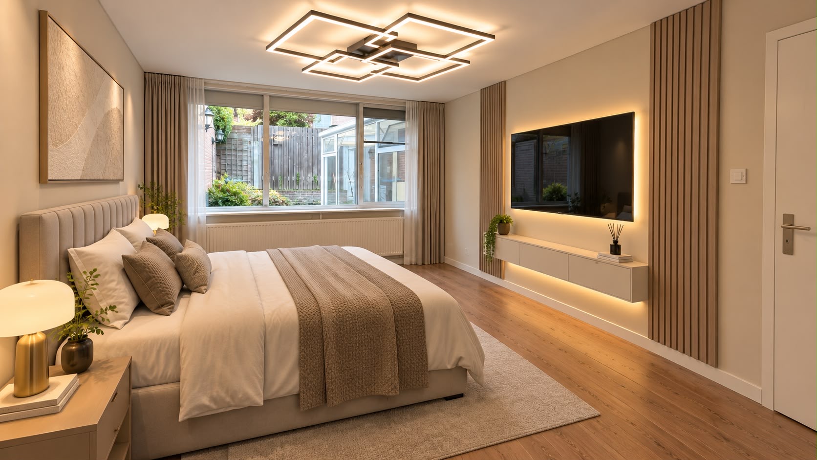 Master bedroom media wall & timber detailing — contemporary residential interior project in Eindhoven, Netherlands by Abzen Interior