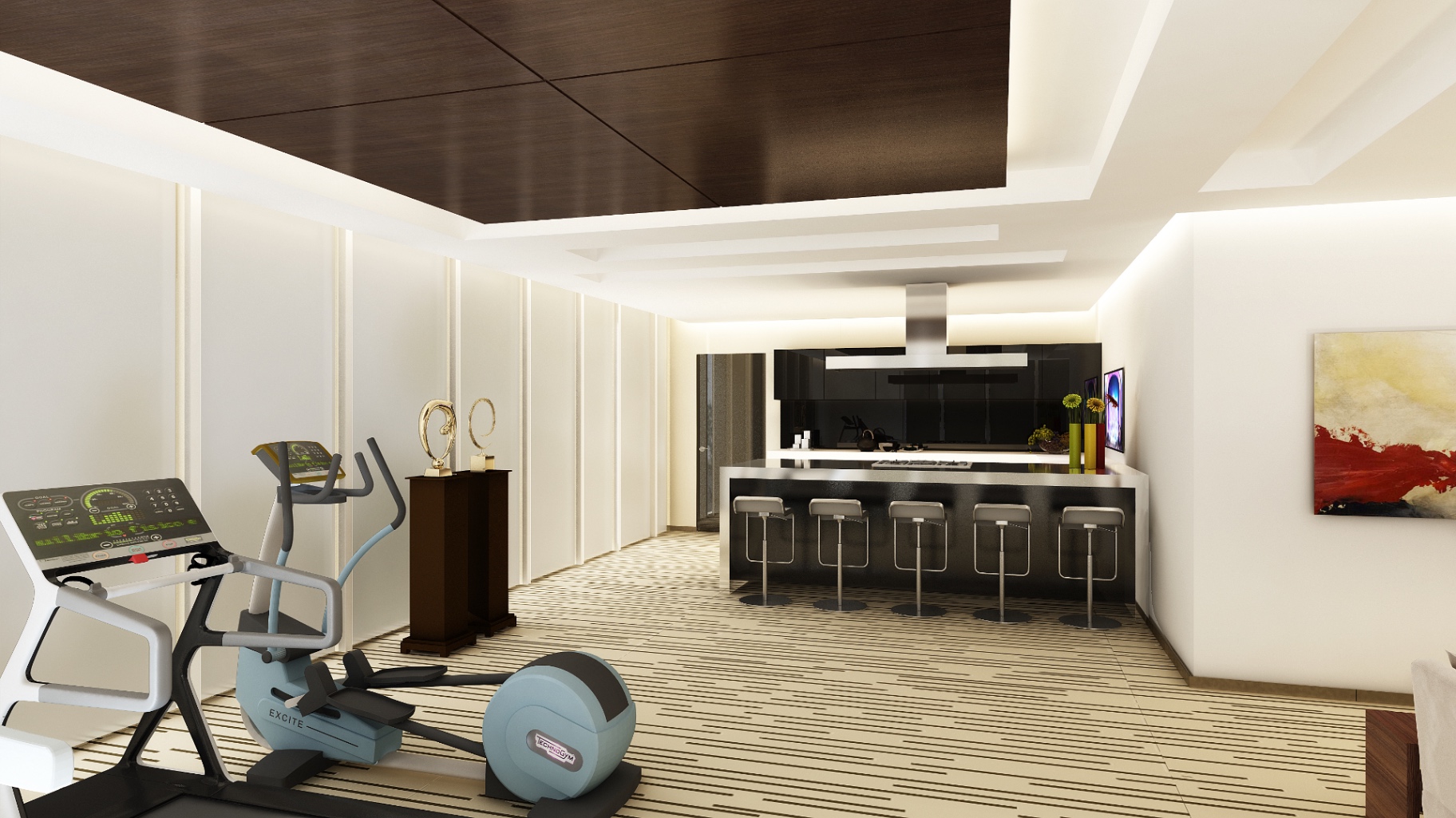 Pantry, bar counter & gym — BFL Group headquarters office fit-out in Dubai by Ab & Zen Interior