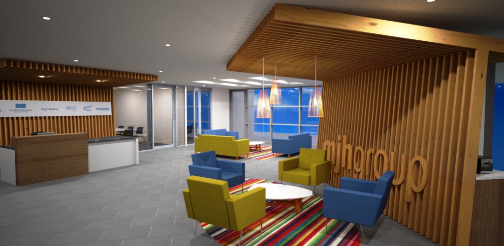 Timber batten reception & colourful waiting lounge — commercial interior design by Ab & Zen Interior