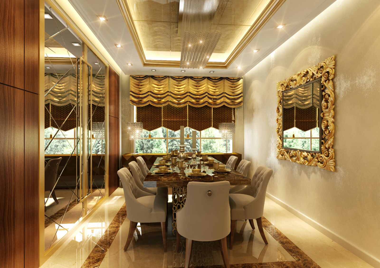 Formal dining room & carved gold mirror — luxury villa interior design project in Abu Dhabi, UAE by Ab & Zen Interior