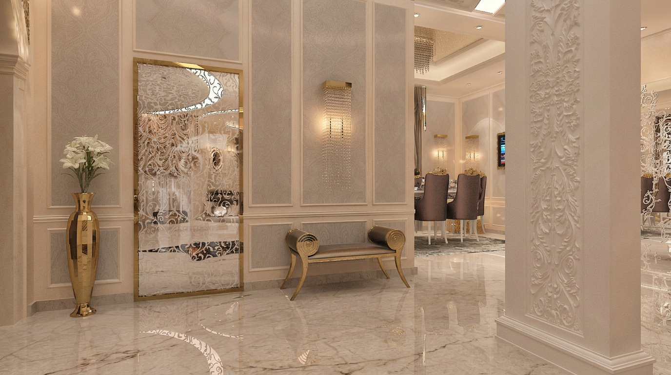 Entrance foyer & mirrored screen — luxury villa interior design project in Riyadh, Saudi Arabia by Ab & Zen Interior