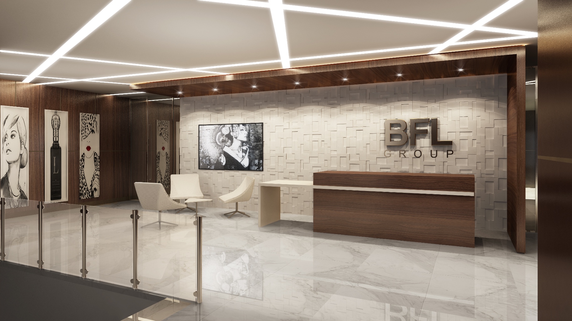 Main reception & brand wall — BFL Group headquarters office fit-out in Dubai by Ab & Zen Interior