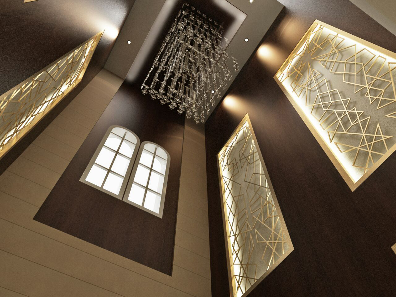 Ceiling & gold screen detailing — modern design villa interior in Palm Jumeirah, Dubai by Ab & Zen Interior