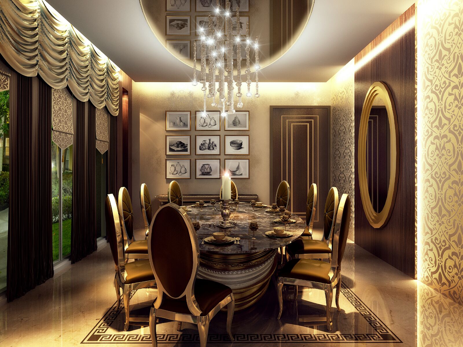 Formal dining room & cascading crystal light — grand villa interior design project in Dubai, UAE by Ab & Zen Interior