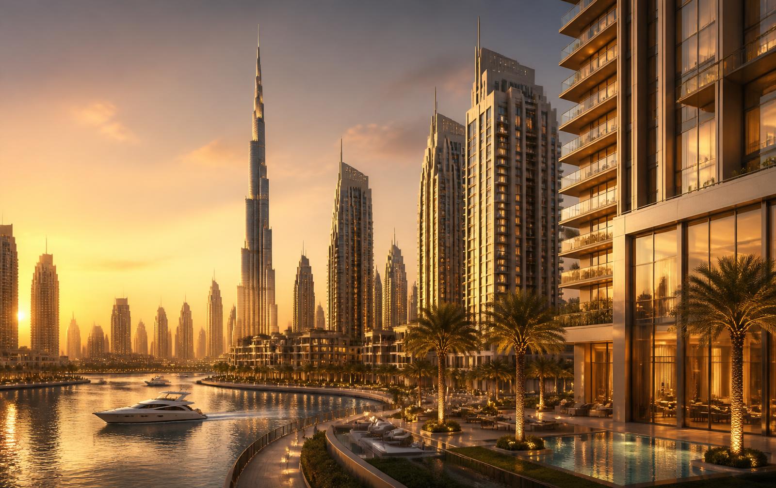 Dubai skyline with luxury waterfront towers at sunset